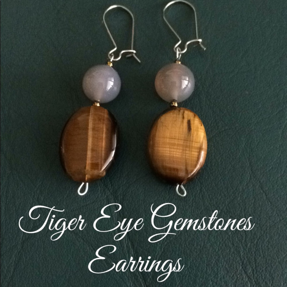 🆕Natural Tiger Eye Gemstones Earrings-Handmade⭐️
